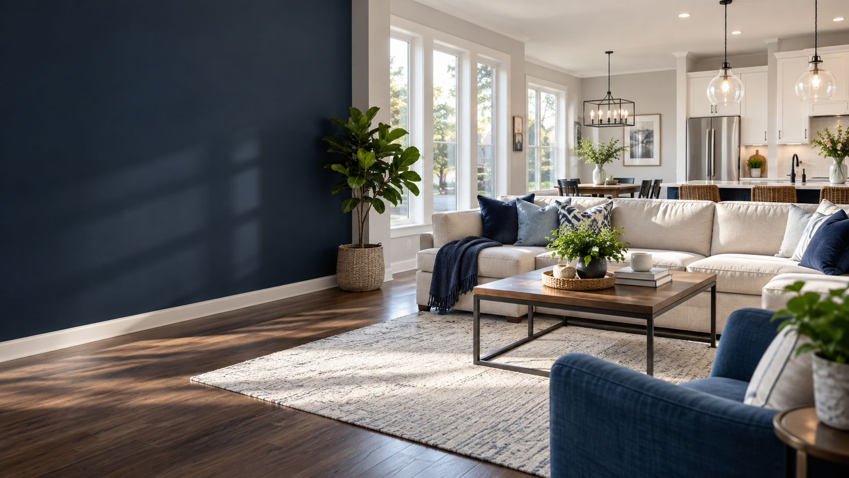 Bright, professionally cleaned living room and kitchen